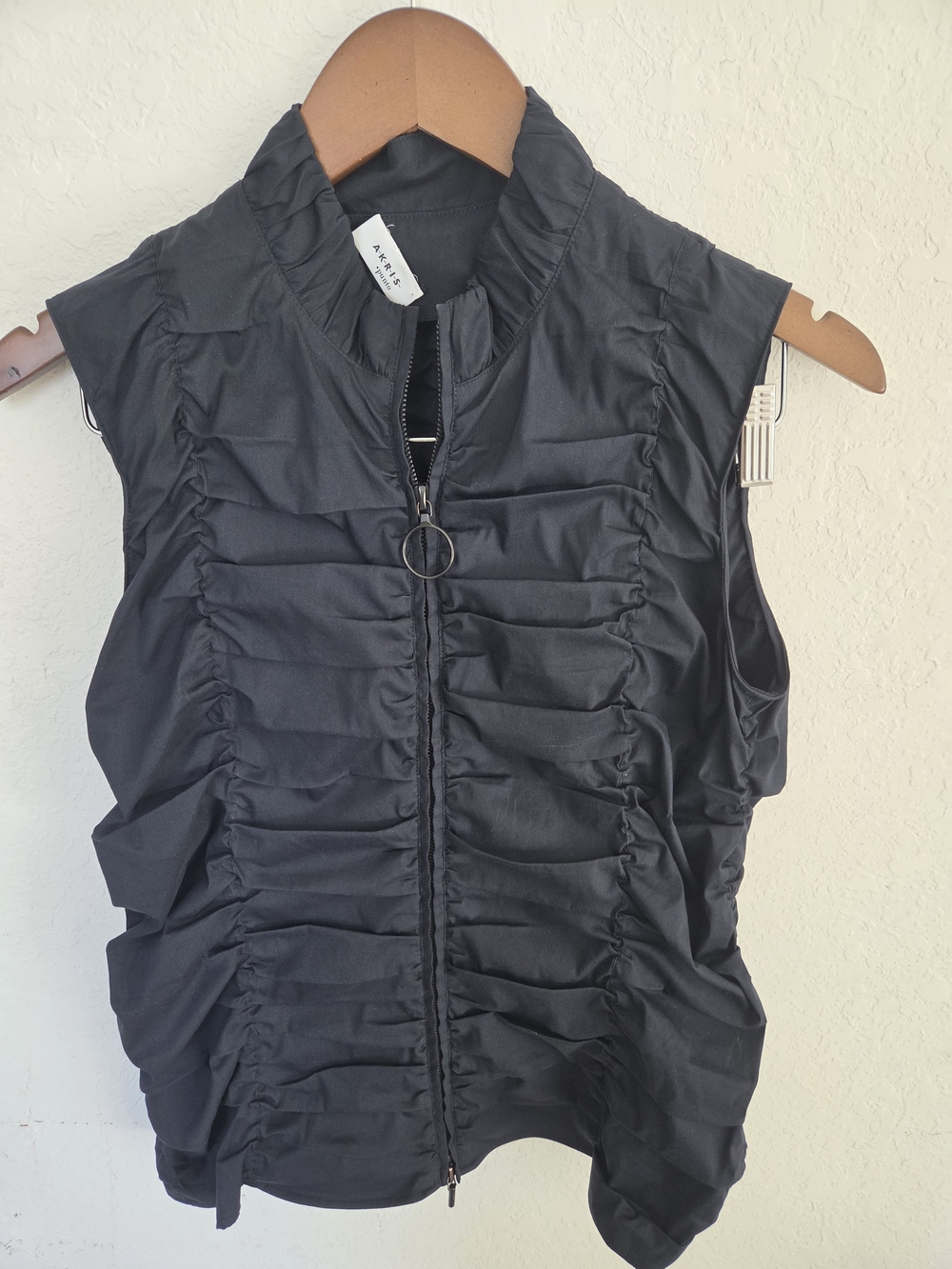 Akris Punto Womens US 12 Black Ruched Vest Zip Front High Neck Sleeveless Top